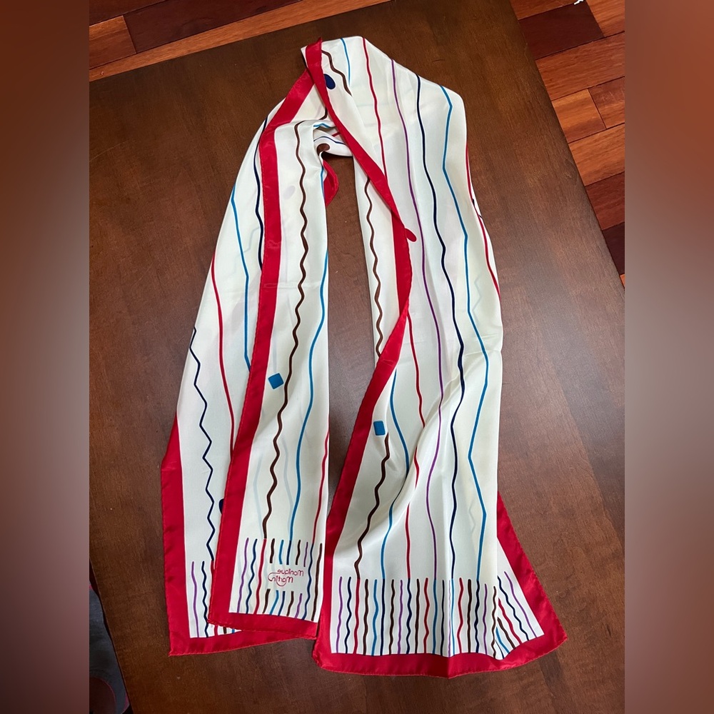 Monique Martin Red and White Geometric Patterned Scarf